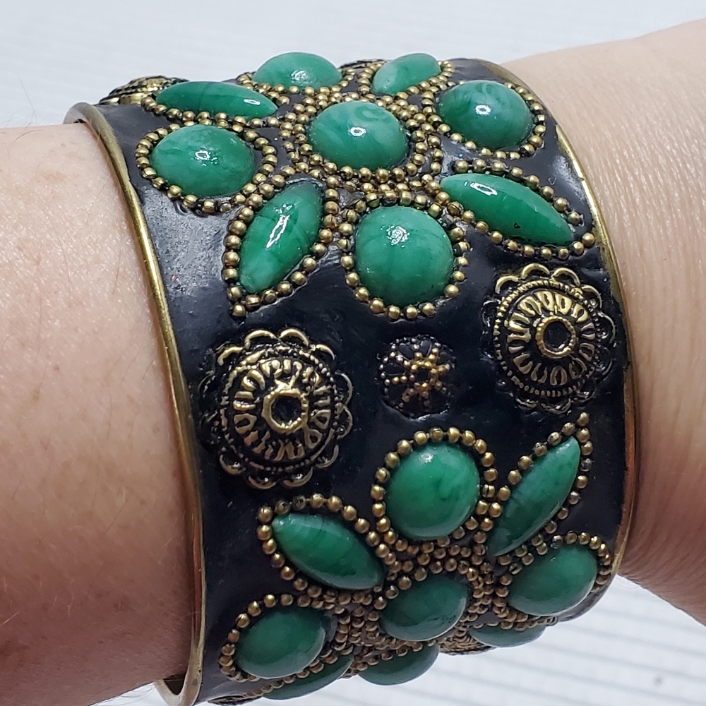 Green Malachite Stone Flower Bronze Vintage Bangle Bracelet Black Polymer Clay